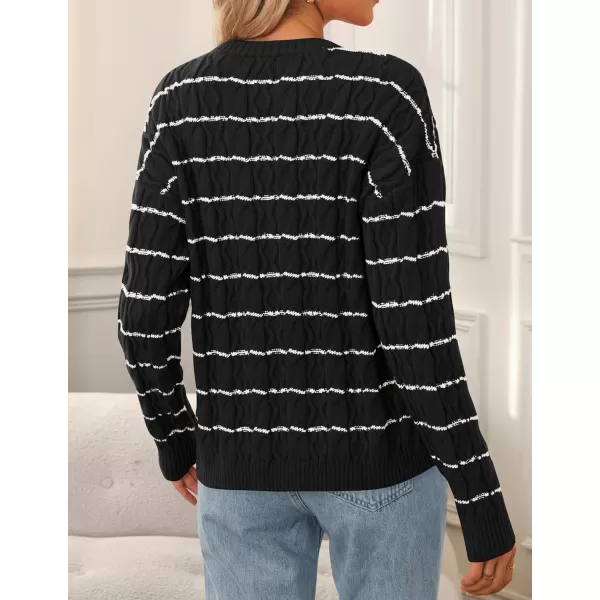ZESICA Womens Long Sleeve Open Front Cardigan Sweater 2024 Fall Winter Striped Tie Front Loose Chunky Knit CoatsBlack