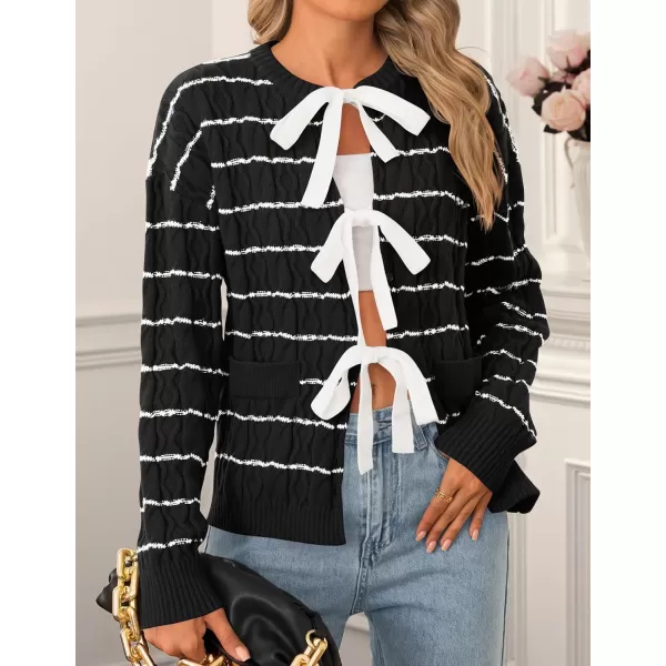 ZESICA Womens Long Sleeve Open Front Cardigan Sweater 2024 Fall Winter Striped Tie Front Loose Chunky Knit CoatsBlack