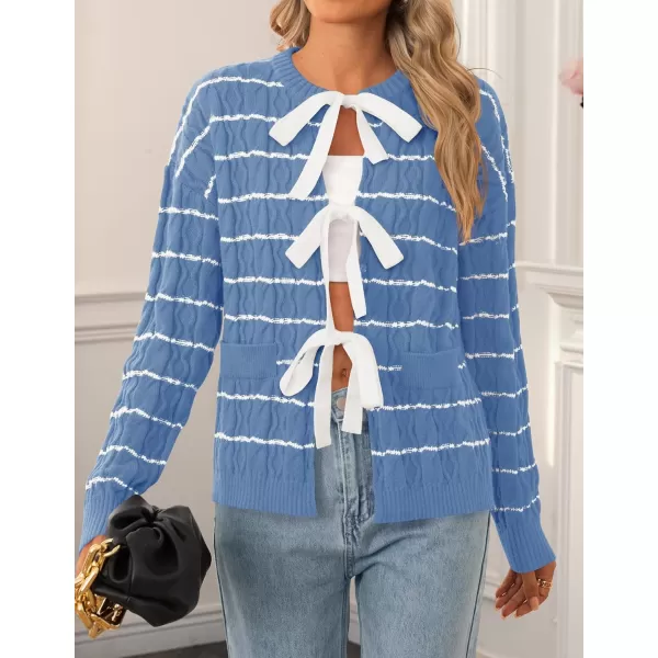 ZESICA Womens Long Sleeve Open Front Cardigan Sweater 2024 Fall Winter Striped Tie Front Loose Chunky Knit CoatsBlue