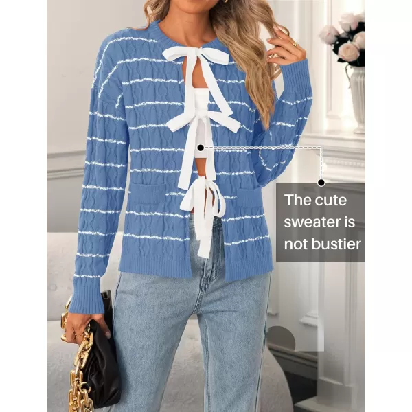 ZESICA Womens Long Sleeve Open Front Cardigan Sweater 2024 Fall Winter Striped Tie Front Loose Chunky Knit CoatsBlue