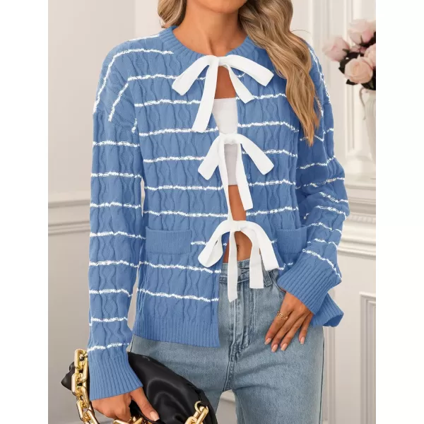 ZESICA Womens Long Sleeve Open Front Cardigan Sweater 2024 Fall Winter Striped Tie Front Loose Chunky Knit CoatsBlue