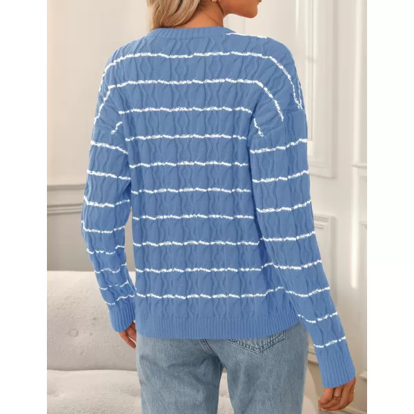 ZESICA Womens Long Sleeve Open Front Cardigan Sweater 2024 Fall Winter Striped Tie Front Loose Chunky Knit CoatsBlue