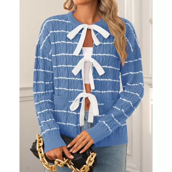 ZESICA Womens Long Sleeve Open Front Cardigan Sweater 2024 Fall Winter Striped Tie Front Loose Chunky Knit CoatsBlue