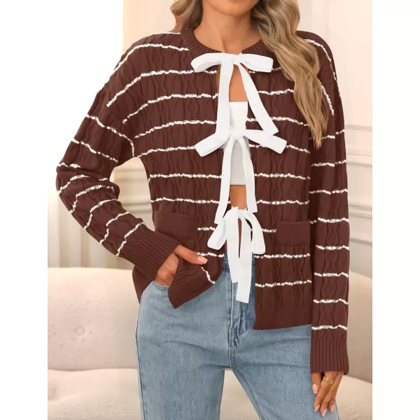 ZESICA Womens Long Sleeve Open Front Cardigan Sweater 2024 Fall Winter Striped Tie Front Loose Chunky Knit CoatsBrown