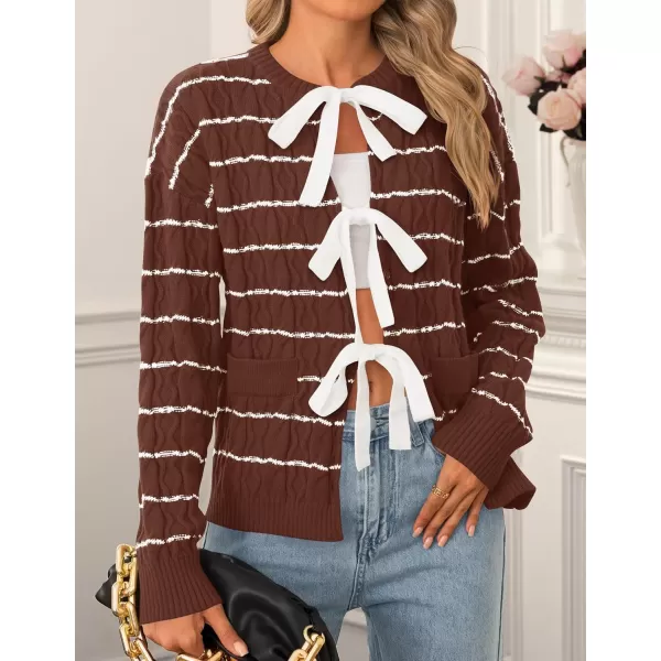 ZESICA Womens Long Sleeve Open Front Cardigan Sweater 2024 Fall Winter Striped Tie Front Loose Chunky Knit CoatsBrown