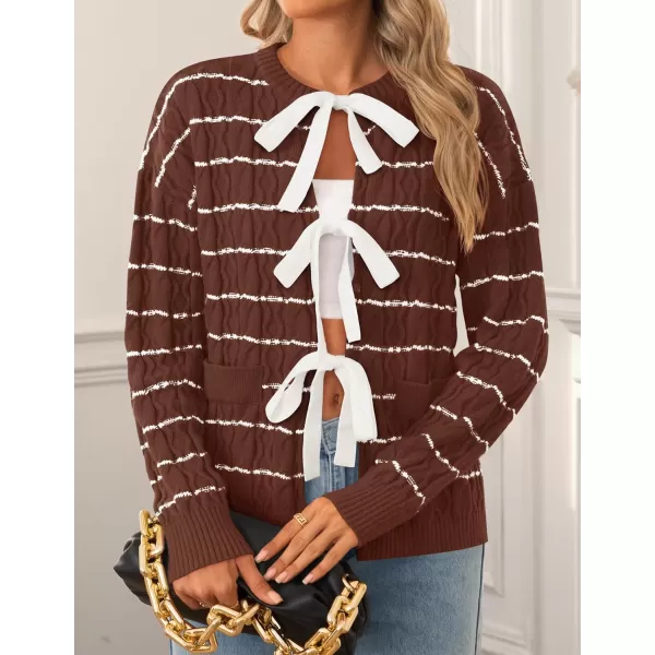 ZESICA Womens Long Sleeve Open Front Cardigan Sweater 2024 Fall Winter Striped Tie Front Loose Chunky Knit CoatsBrown