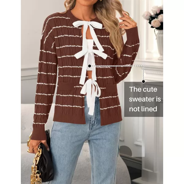 ZESICA Womens Long Sleeve Open Front Cardigan Sweater 2024 Fall Winter Striped Tie Front Loose Chunky Knit CoatsBrown