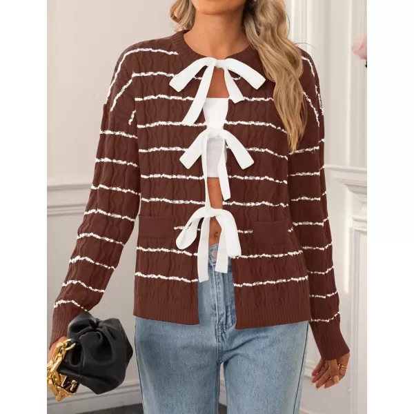 ZESICA Womens Long Sleeve Open Front Cardigan Sweater 2024 Fall Winter Striped Tie Front Loose Chunky Knit CoatsBrown