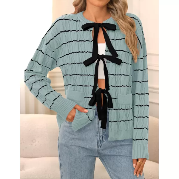 ZESICA Womens Long Sleeve Open Front Cardigan Sweater 2024 Fall Winter Striped Tie Front Loose Chunky Knit CoatsGreen