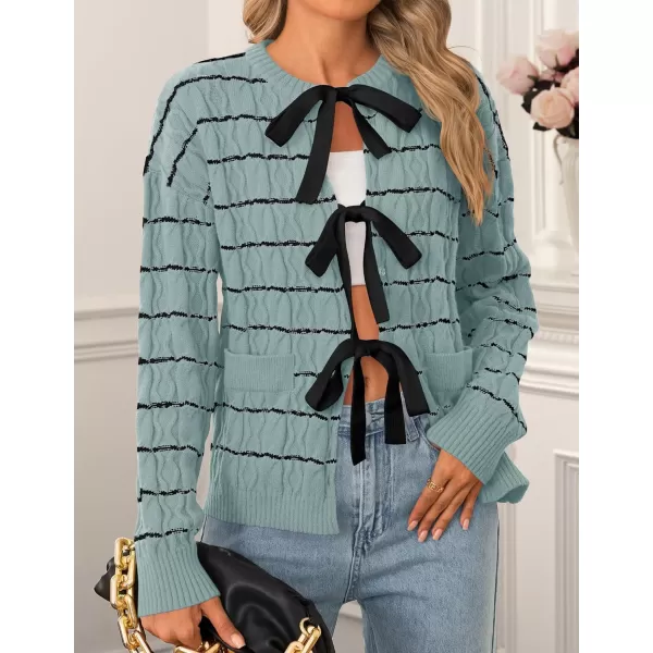 ZESICA Womens Long Sleeve Open Front Cardigan Sweater 2024 Fall Winter Striped Tie Front Loose Chunky Knit CoatsGreen