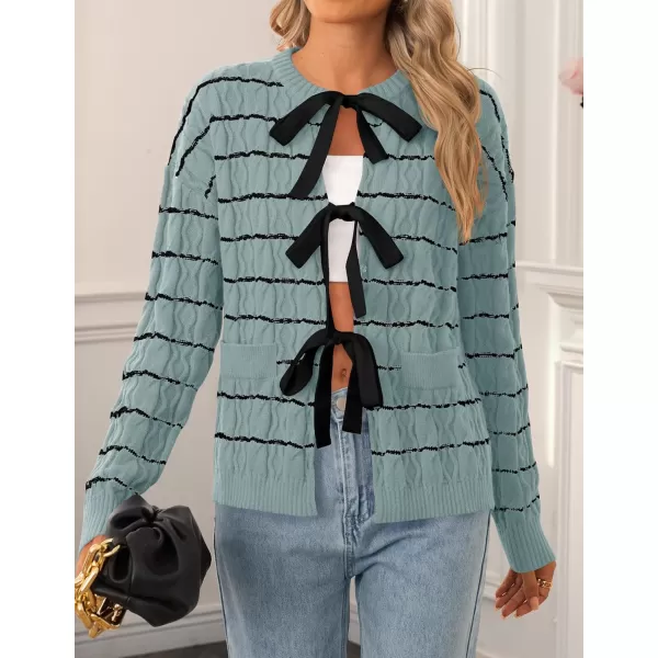 ZESICA Womens Long Sleeve Open Front Cardigan Sweater 2024 Fall Winter Striped Tie Front Loose Chunky Knit CoatsGreen