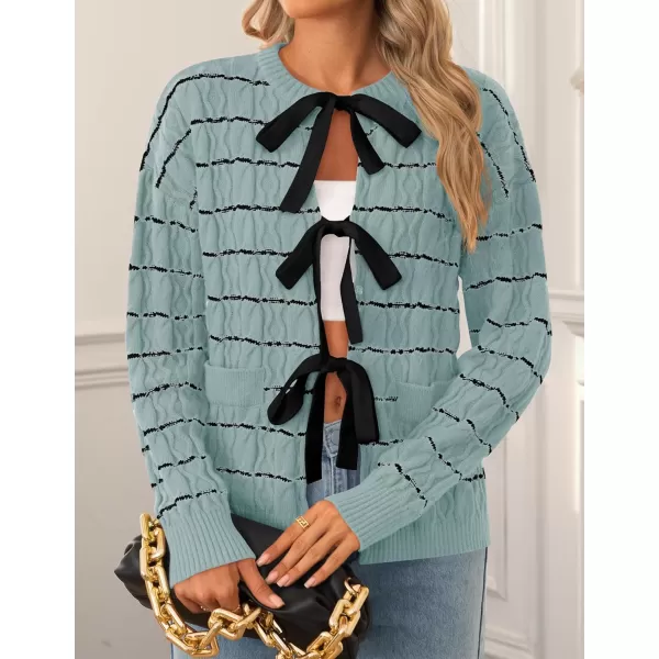 ZESICA Womens Long Sleeve Open Front Cardigan Sweater 2024 Fall Winter Striped Tie Front Loose Chunky Knit CoatsGreen