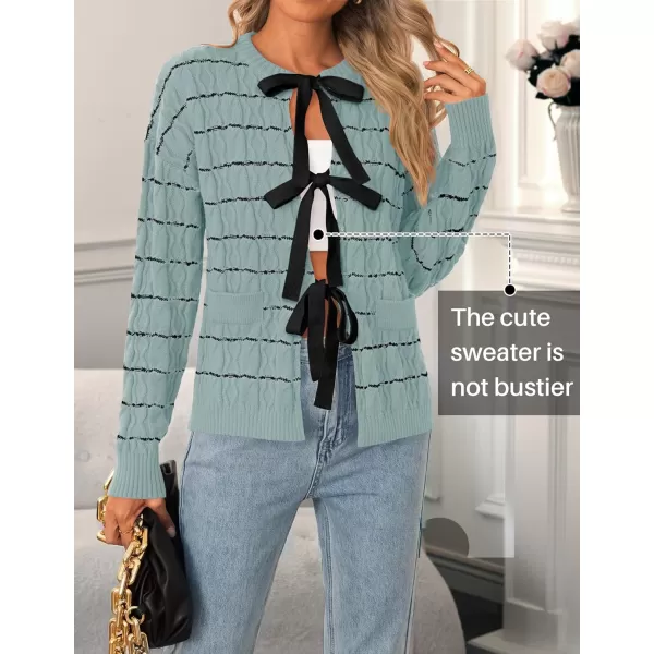 ZESICA Womens Long Sleeve Open Front Cardigan Sweater 2024 Fall Winter Striped Tie Front Loose Chunky Knit CoatsGreen