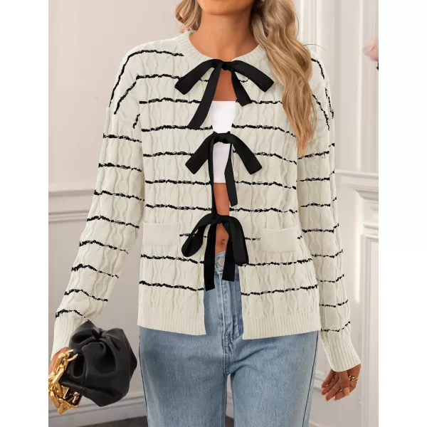 ZESICA Womens Long Sleeve Open Front Cardigan Sweater 2024 Fall Winter Striped Tie Front Loose Chunky Knit CoatsIvory