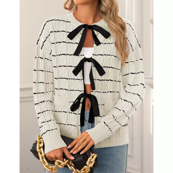 ZESICA Womens Long Sleeve Open Front Cardigan Sweater 2024 Fall Winter Striped Tie Front Loose Chunky Knit CoatsIvory