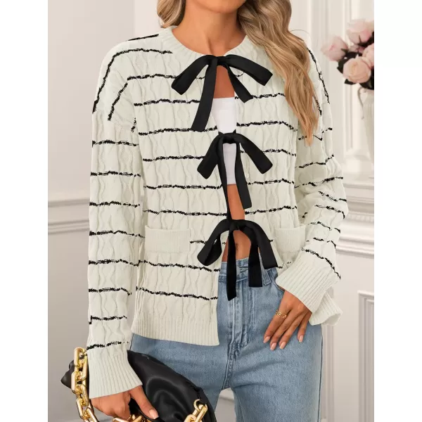 ZESICA Womens Long Sleeve Open Front Cardigan Sweater 2024 Fall Winter Striped Tie Front Loose Chunky Knit CoatsIvory