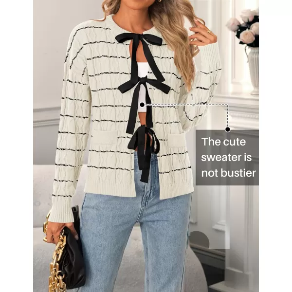 ZESICA Womens Long Sleeve Open Front Cardigan Sweater 2024 Fall Winter Striped Tie Front Loose Chunky Knit CoatsIvory