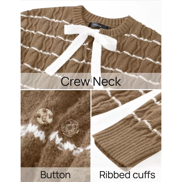 ZESICA Womens Long Sleeve Open Front Cardigan Sweater 2024 Fall Winter Striped Tie Front Loose Chunky Knit CoatsKhaki