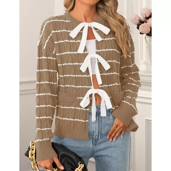 ZESICA Womens Long Sleeve Open Front Cardigan Sweater 2024 Fall Winter Striped Tie Front Loose Chunky Knit CoatsKhaki