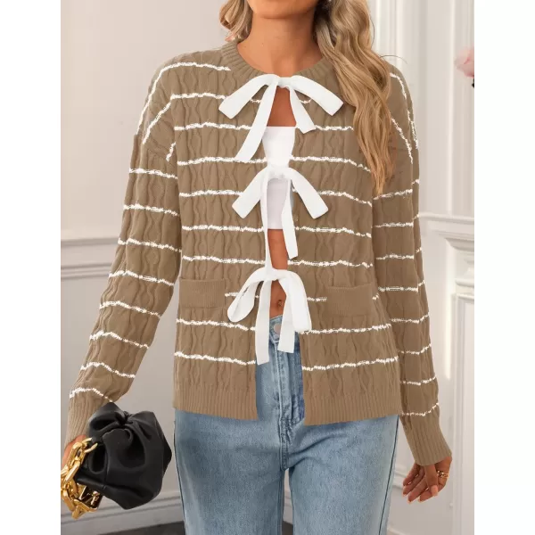 ZESICA Womens Long Sleeve Open Front Cardigan Sweater 2024 Fall Winter Striped Tie Front Loose Chunky Knit CoatsKhaki