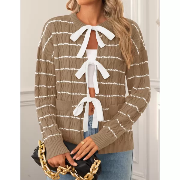 ZESICA Womens Long Sleeve Open Front Cardigan Sweater 2024 Fall Winter Striped Tie Front Loose Chunky Knit CoatsKhaki