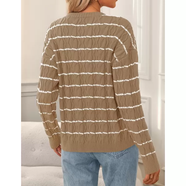 ZESICA Womens Long Sleeve Open Front Cardigan Sweater 2024 Fall Winter Striped Tie Front Loose Chunky Knit CoatsKhaki