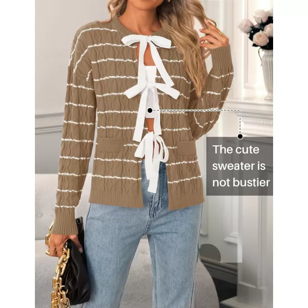 ZESICA Womens Long Sleeve Open Front Cardigan Sweater 2024 Fall Winter Striped Tie Front Loose Chunky Knit CoatsKhaki