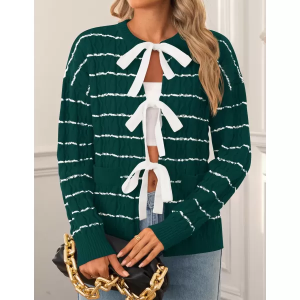 ZESICA Womens Long Sleeve Open Front Cardigan Sweater 2024 Fall Winter Striped Tie Front Loose Chunky Knit CoatsLush Green