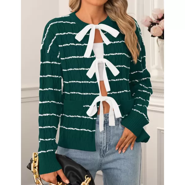 ZESICA Womens Long Sleeve Open Front Cardigan Sweater 2024 Fall Winter Striped Tie Front Loose Chunky Knit CoatsLush Green