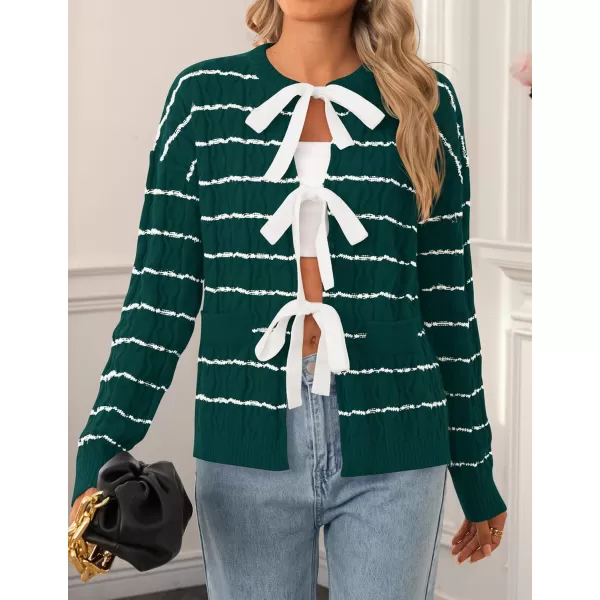 ZESICA Womens Long Sleeve Open Front Cardigan Sweater 2024 Fall Winter Striped Tie Front Loose Chunky Knit CoatsLush Green