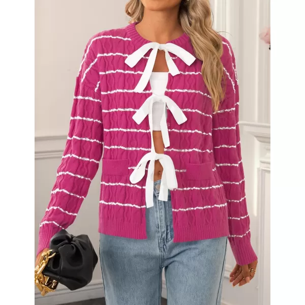 ZESICA Womens Long Sleeve Open Front Cardigan Sweater 2024 Fall Winter Striped Tie Front Loose Chunky Knit CoatsRose