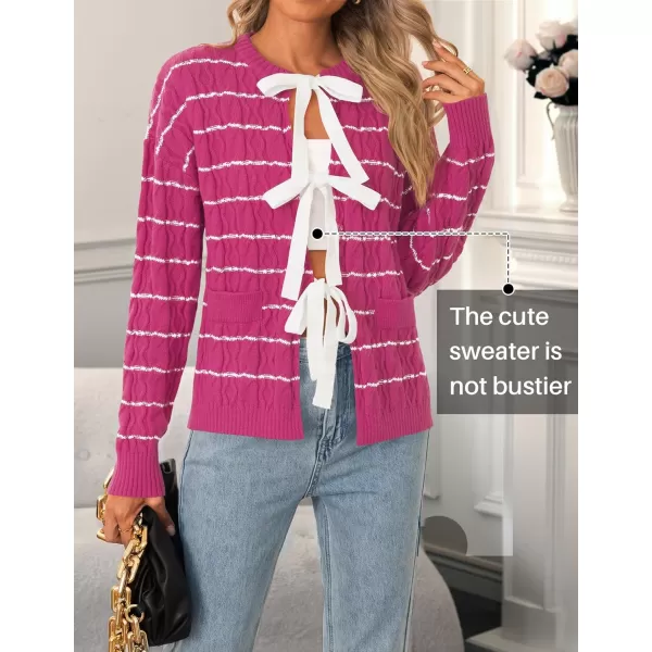ZESICA Womens Long Sleeve Open Front Cardigan Sweater 2024 Fall Winter Striped Tie Front Loose Chunky Knit CoatsRose