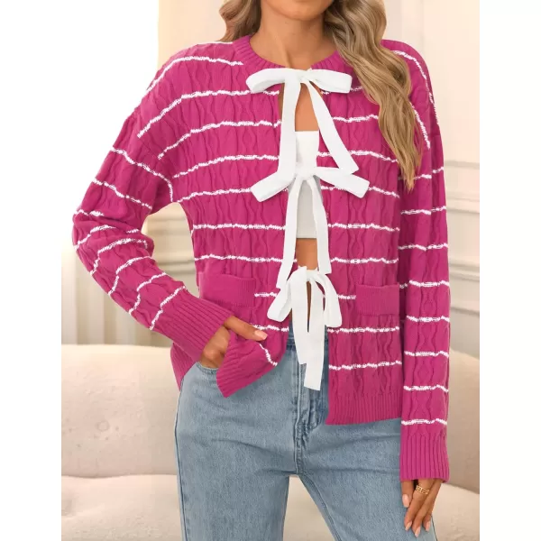 ZESICA Womens Long Sleeve Open Front Cardigan Sweater 2024 Fall Winter Striped Tie Front Loose Chunky Knit CoatsRose