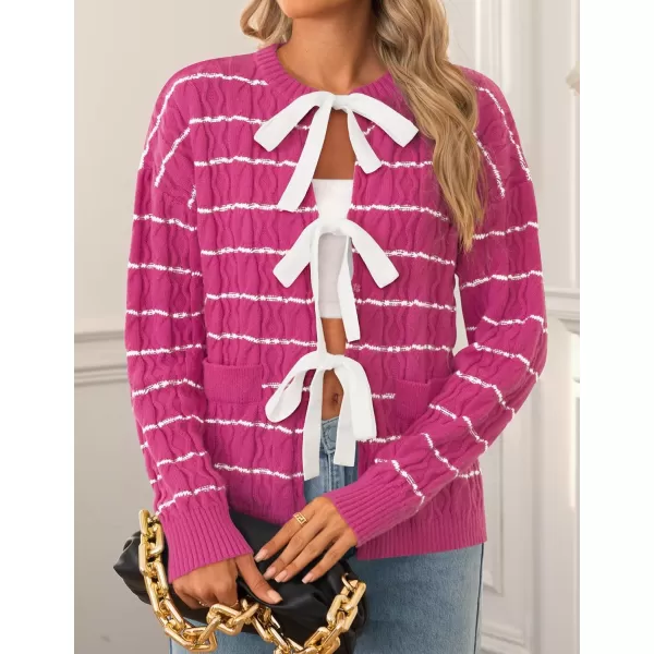 ZESICA Womens Long Sleeve Open Front Cardigan Sweater 2024 Fall Winter Striped Tie Front Loose Chunky Knit CoatsRose