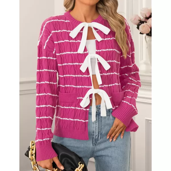 ZESICA Womens Long Sleeve Open Front Cardigan Sweater 2024 Fall Winter Striped Tie Front Loose Chunky Knit CoatsRose
