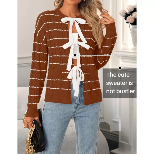 ZESICA Womens Long Sleeve Open Front Cardigan Sweater 2024 Fall Winter Striped Tie Front Loose Chunky Knit CoatsRust