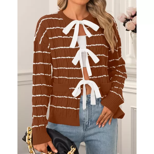 ZESICA Womens Long Sleeve Open Front Cardigan Sweater 2024 Fall Winter Striped Tie Front Loose Chunky Knit CoatsRust