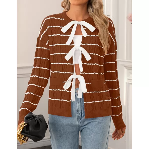 ZESICA Womens Long Sleeve Open Front Cardigan Sweater 2024 Fall Winter Striped Tie Front Loose Chunky Knit CoatsRust