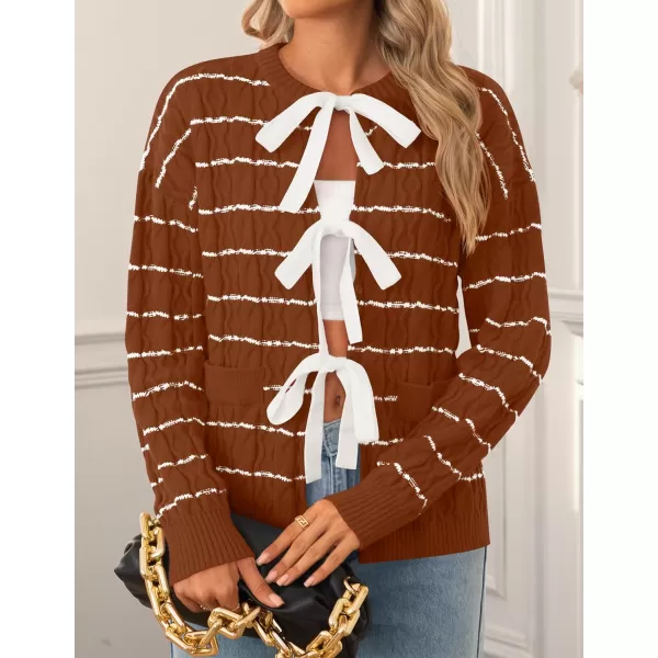 ZESICA Womens Long Sleeve Open Front Cardigan Sweater 2024 Fall Winter Striped Tie Front Loose Chunky Knit CoatsRust