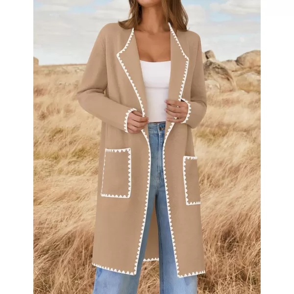 ZESICA Womens Open Front Long Cardigan Sweater Casual Lapel Coatigan Coat 2024 Fall Jacket Outerwear with PocketsKhaki
