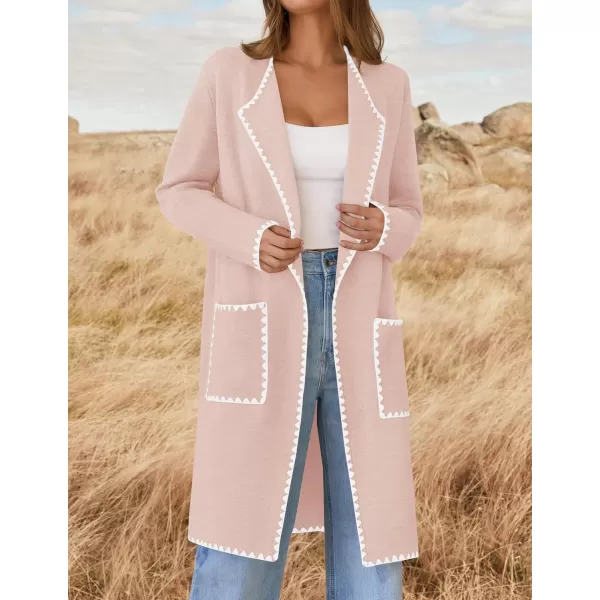 ZESICA Womens Open Front Long Cardigan Sweater Casual Lapel Coatigan Coat 2024 Fall Jacket Outerwear with PocketsPink