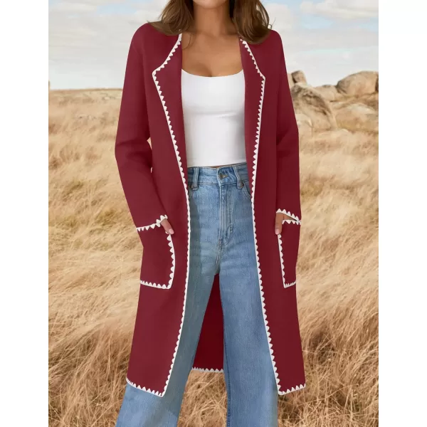 ZESICA Womens Open Front Long Cardigan Sweater Casual Lapel Coatigan Coat 2024 Fall Jacket Outerwear with PocketsWine Red
