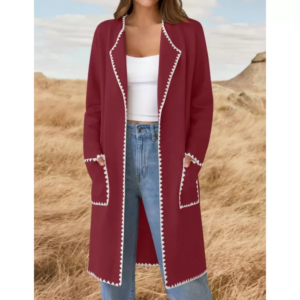 ZESICA Womens Open Front Long Cardigan Sweater Casual Lapel Coatigan Coat 2024 Fall Jacket Outerwear with PocketsWine Red