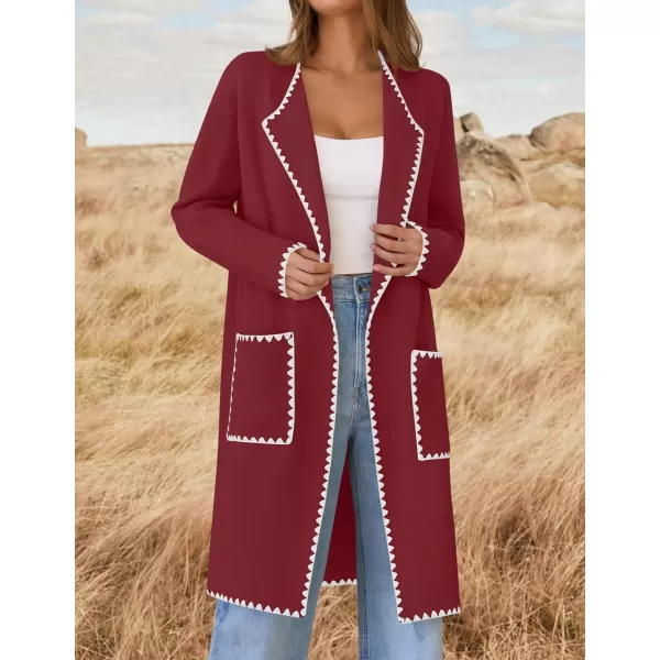 ZESICA Womens Open Front Long Cardigan Sweater Casual Lapel Coatigan Coat 2024 Fall Jacket Outerwear with PocketsWine Red