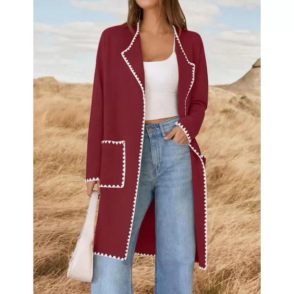 ZESICA Womens Open Front Long Cardigan Sweater Casual Lapel Coatigan Coat 2024 Fall Jacket Outerwear with PocketsWine Red