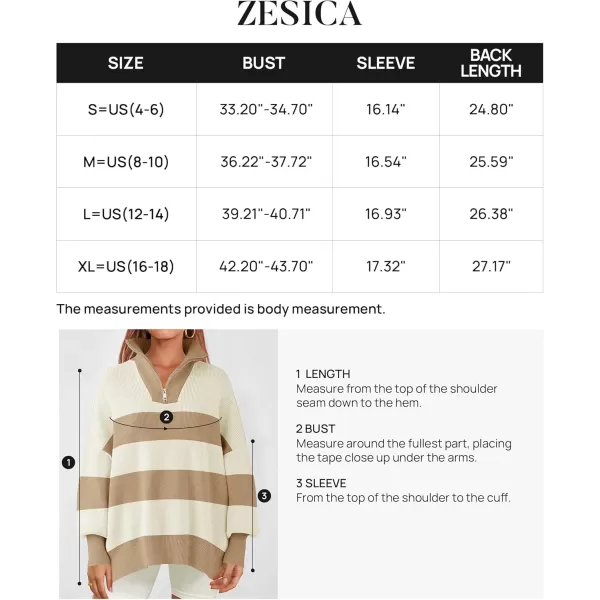 ZESICA Womens Striped Sweaters Half Zipper Long Sleeve Ribbed Knit Loose Oversized Pullover Sweater TopsApricot