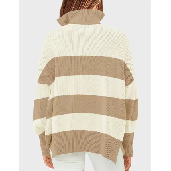 ZESICA Womens Striped Sweaters Half Zipper Long Sleeve Ribbed Knit Loose Oversized Pullover Sweater TopsApricot