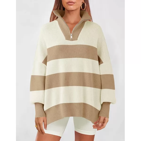 ZESICA Womens Striped Sweaters Half Zipper Long Sleeve Ribbed Knit Loose Oversized Pullover Sweater TopsApricot