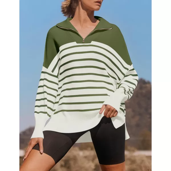 ZESICA Womens Striped Sweaters Half Zipper Long Sleeve Ribbed Knit Loose Oversized Pullover Sweater TopsArmygreen