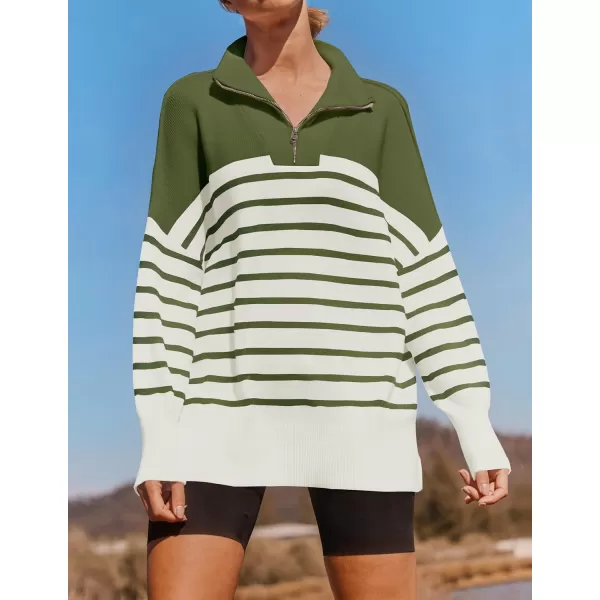 ZESICA Womens Striped Sweaters Half Zipper Long Sleeve Ribbed Knit Loose Oversized Pullover Sweater TopsArmygreen